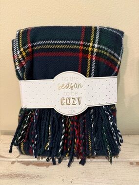 Mud Pie Navy Plaid Fringe Scarf - 68" x 20" - Classic Holiday Tartan